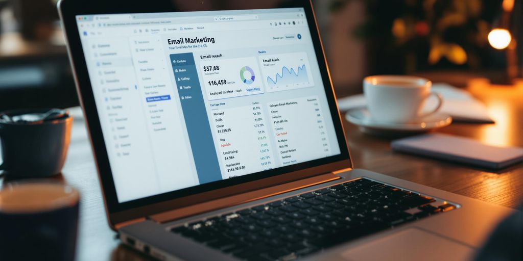 Laptop with email marketing dashboard on a workspace.