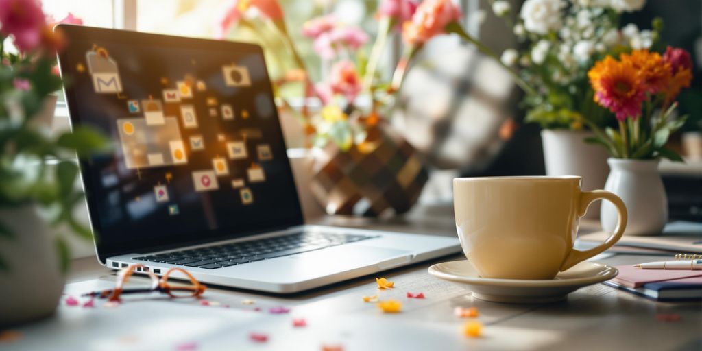 A cozy workspace with a laptop and coffee cup.