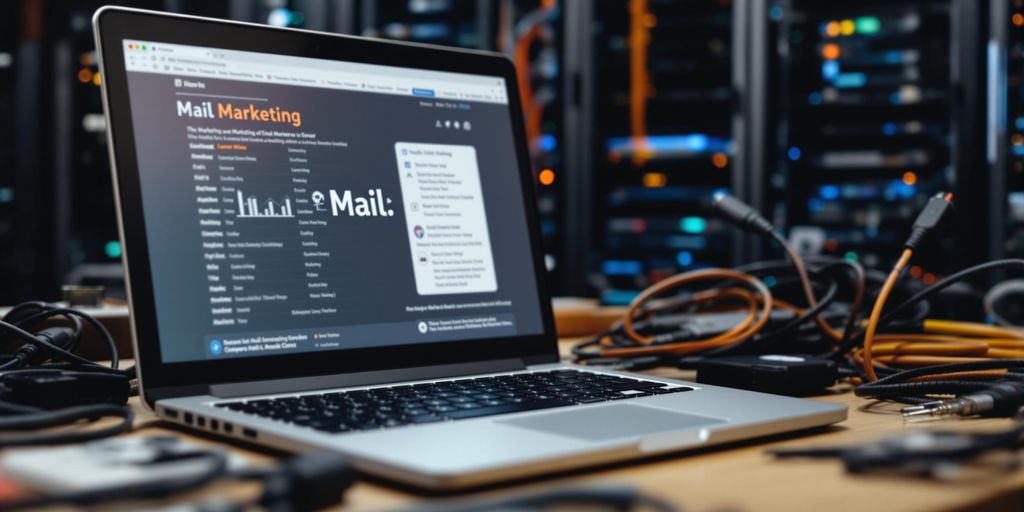 Laptop with cables and server rack in background.
