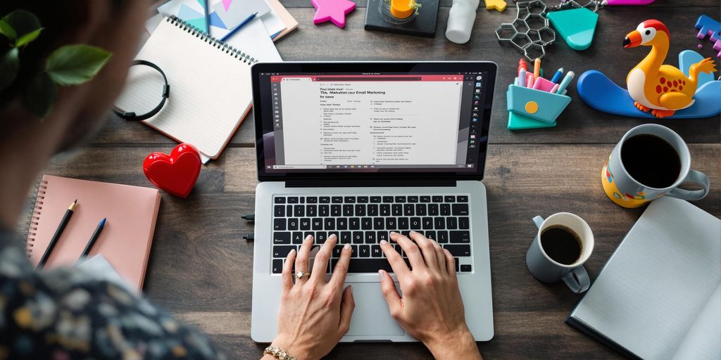 Freelance marketer at a desk with laptop and coffee.