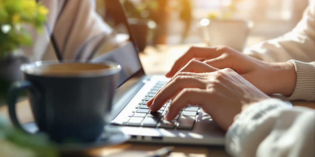 Hands typing on a laptop with a coffee cup.