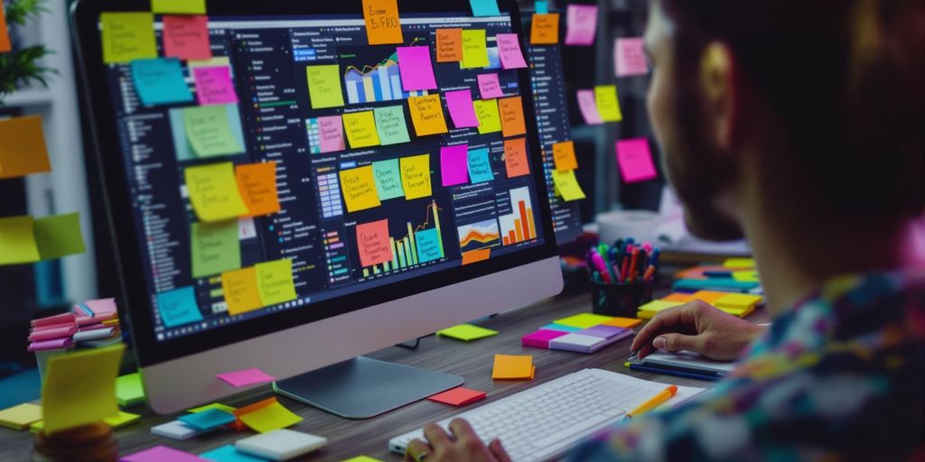 Person analyzing data on a computer with sticky notes.