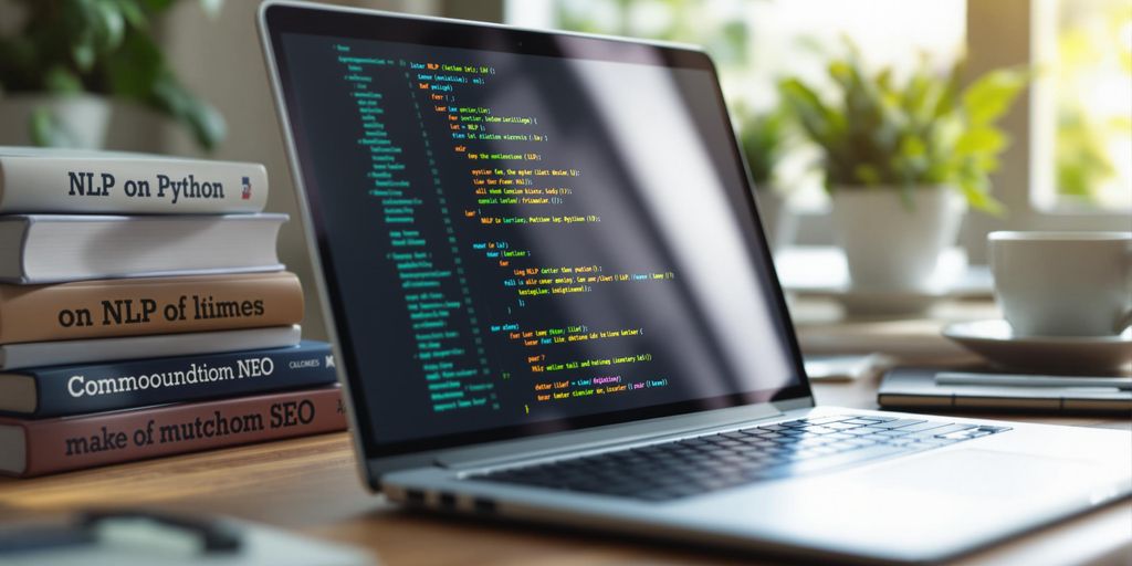 Laptop with Python code and books on NLP and SEO.