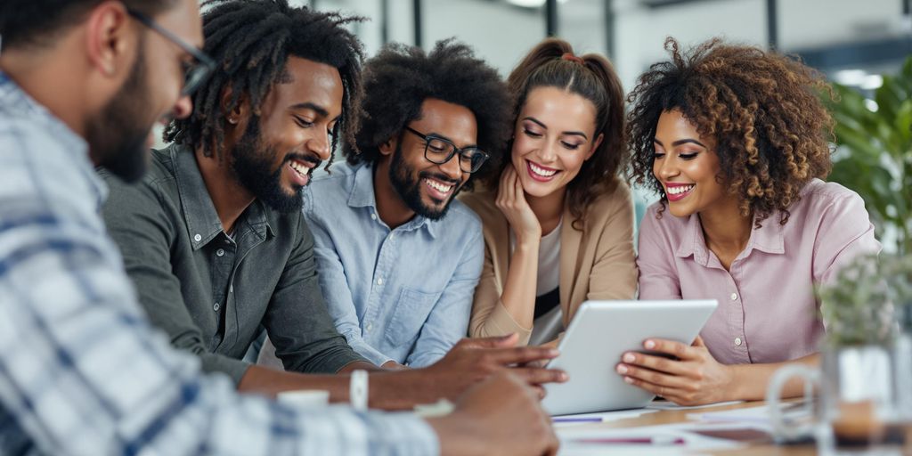 Team brainstorming digital marketing strategies in modern office.