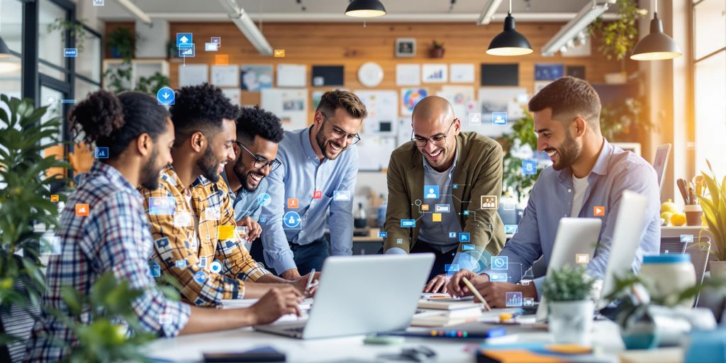 SEO experts collaborating in a bright office environment.
