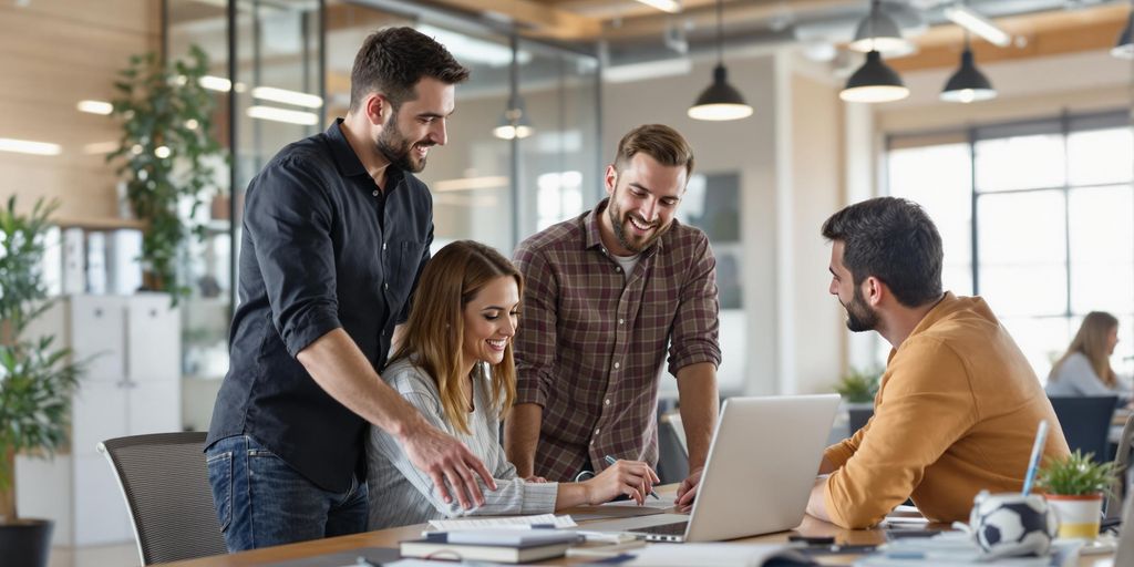 SEO team working together in a modern office environment.