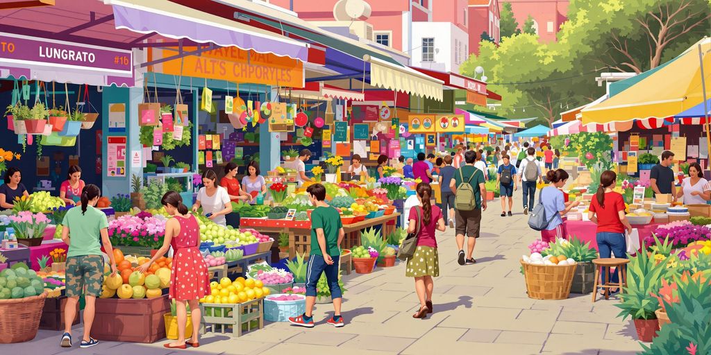 A busy local market with colorful stalls and shoppers.