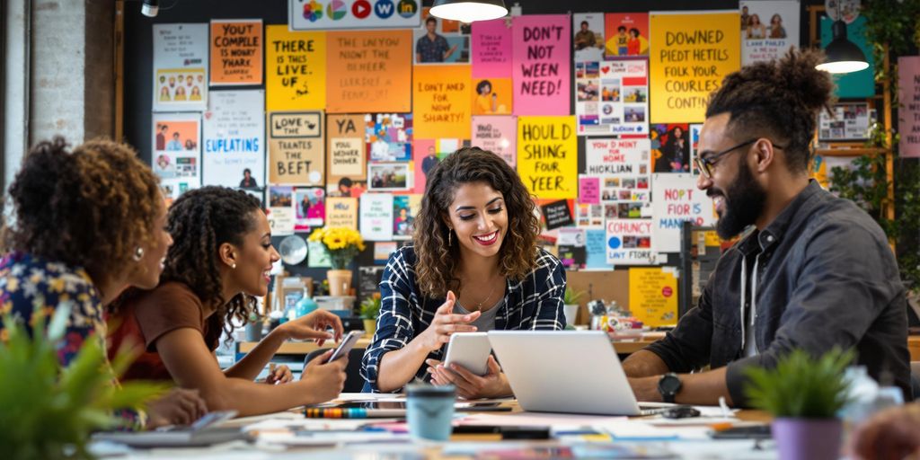 Influencers brainstorming in a creative workspace.