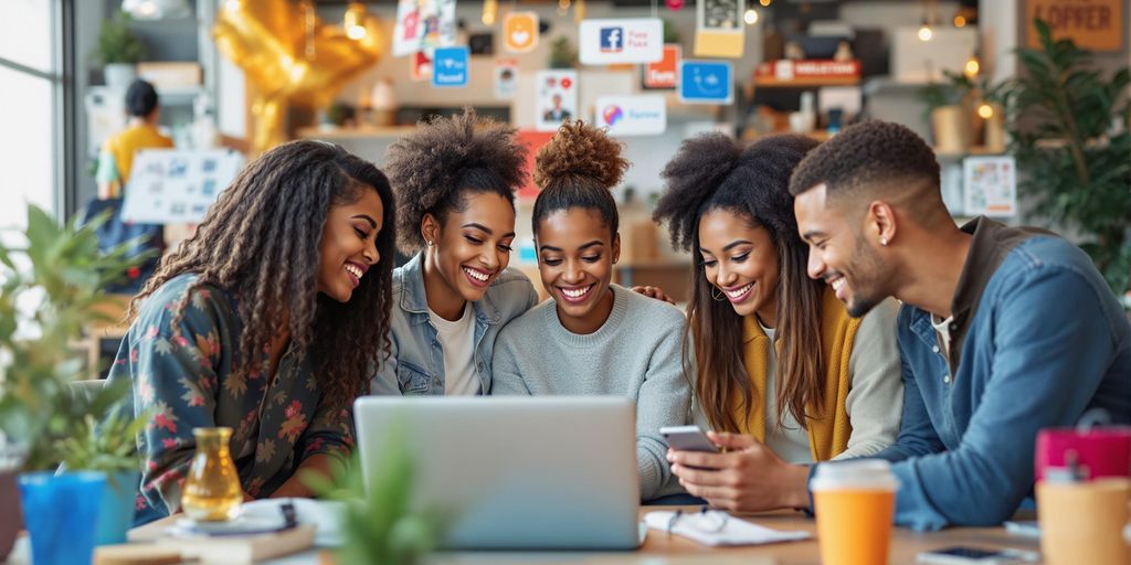 Diverse influencers collaborating and creating content together.