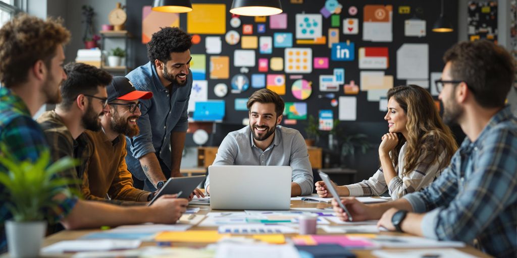 Marketing team collaborating in a colorful office environment.