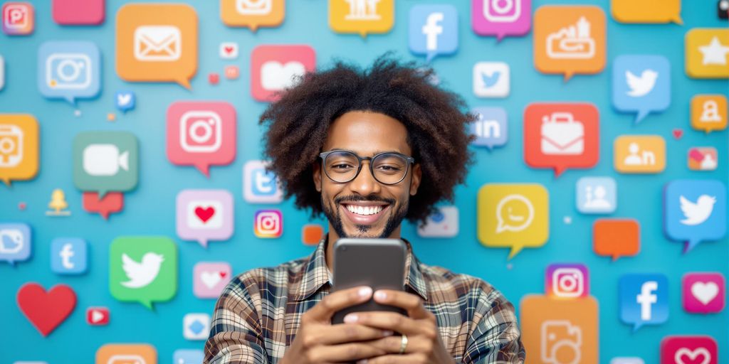 Influencer with smartphone and social media icons background.