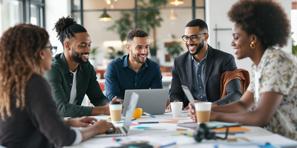 Group of young professionals discussing influencer marketing strategies.