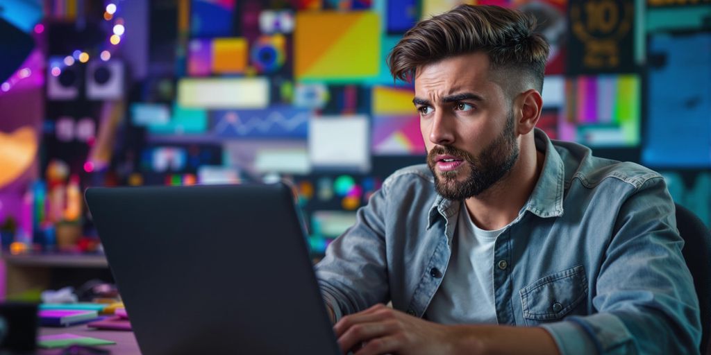 YouTuber checking analytics with a worried expression.