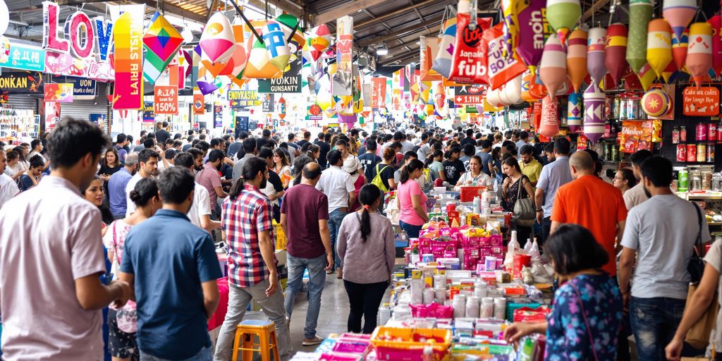 Vibrant marketplace scene with diverse people and items.