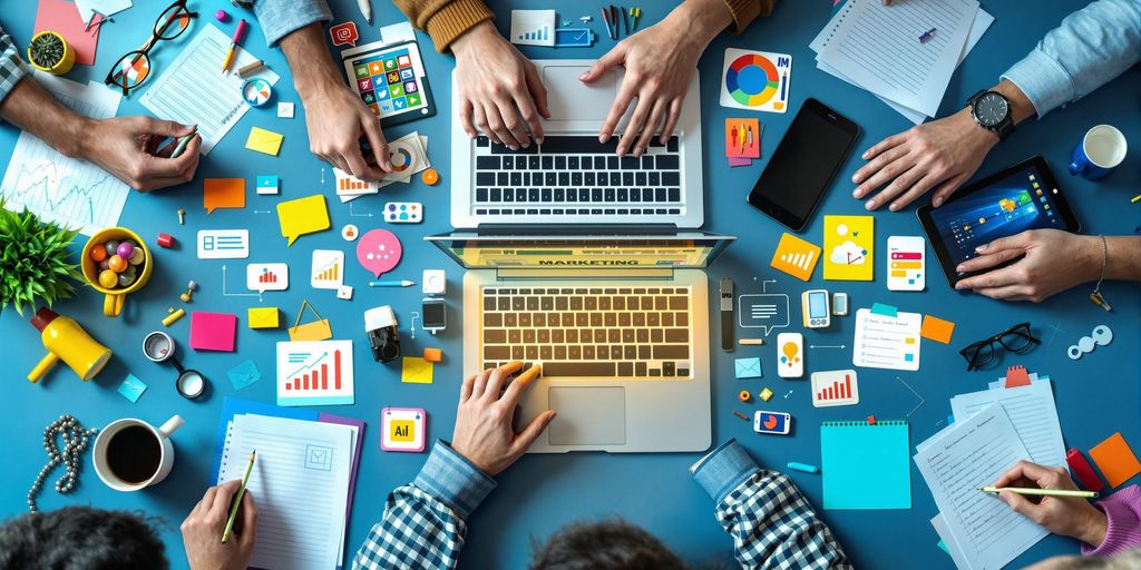 Digital marketing workspace with devices and creative elements.