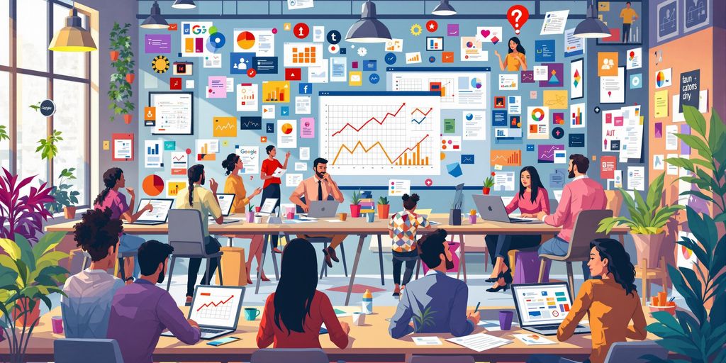 Diverse advertisers collaborating in a vibrant workspace.