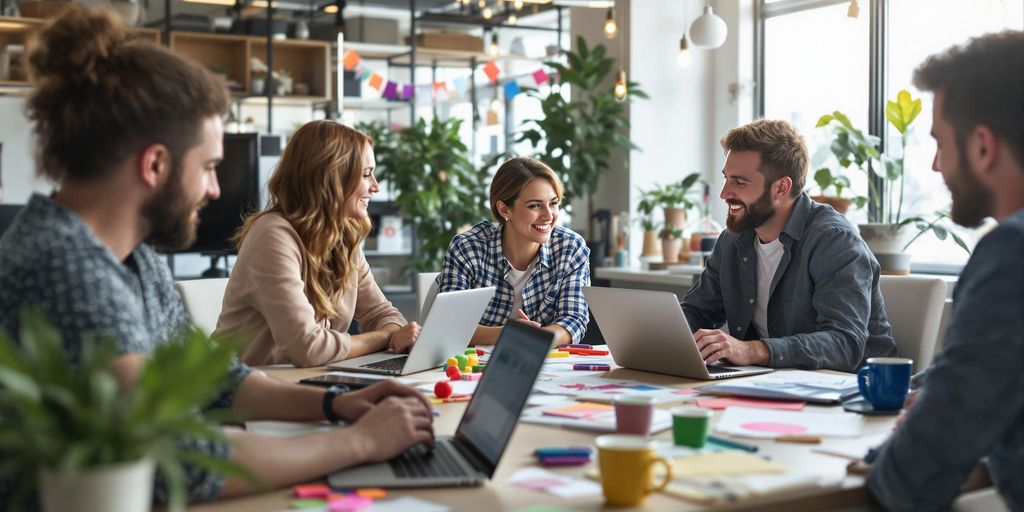 Digital marketing team brainstorming content ideas in office.