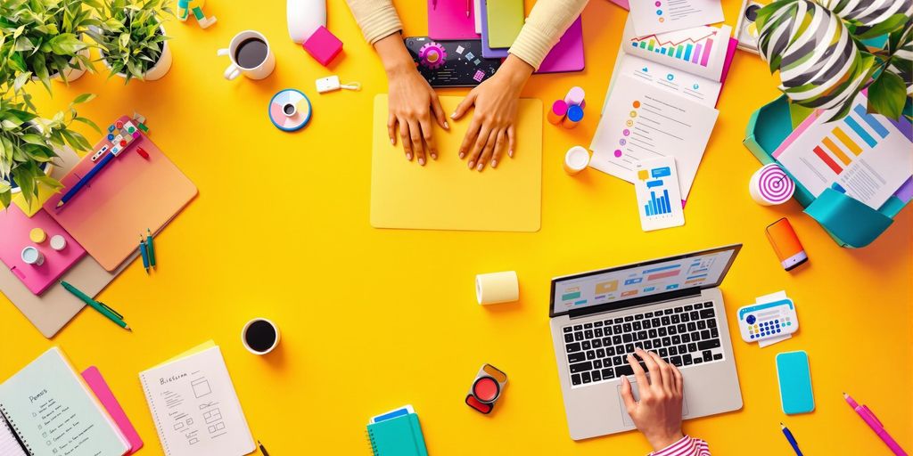 Digital marketing workspace with laptops and engaging atmosphere.