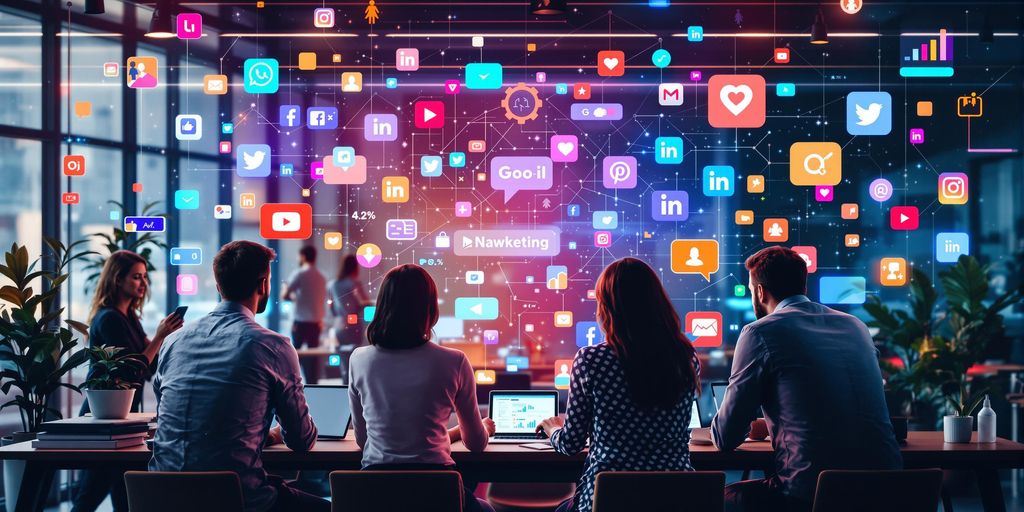 Professionals collaborating in a lively digital marketing environment.