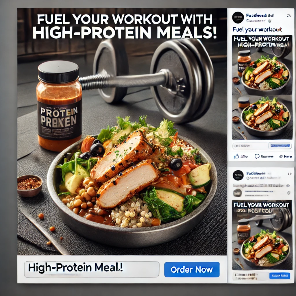 A Facebook ad mockup promoting gym food, featuring a high-protein meal with grilled chicken, vegetables, and quinoa. The ad includes a catchy headline, a call-to-action button, and a fitness-themed background with subtle gym elements.