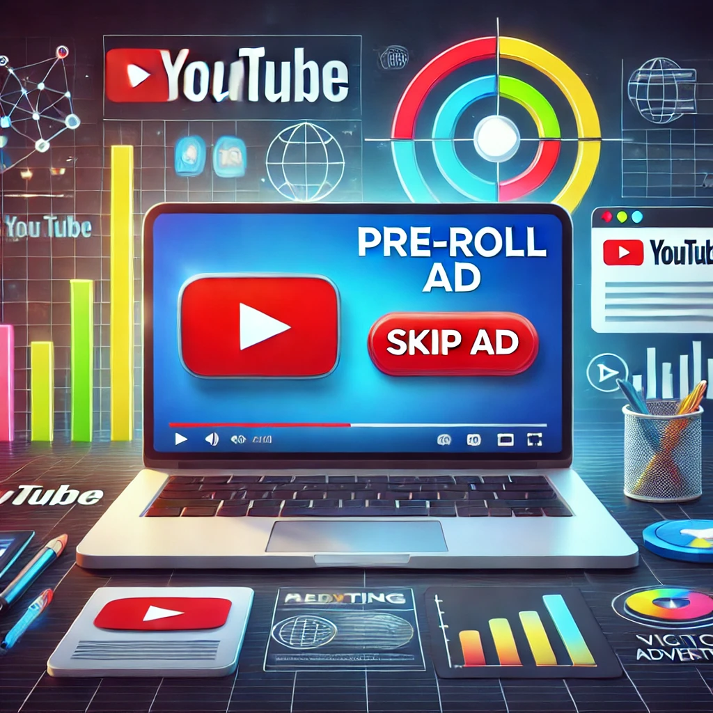 "Illustration of YouTube pre-roll advertising, showing a YouTube video player on a laptop screen with a 'Skip Ad' button, surrounded by marketing icons like a target, analytics graph, and play button, representing digital advertising."
