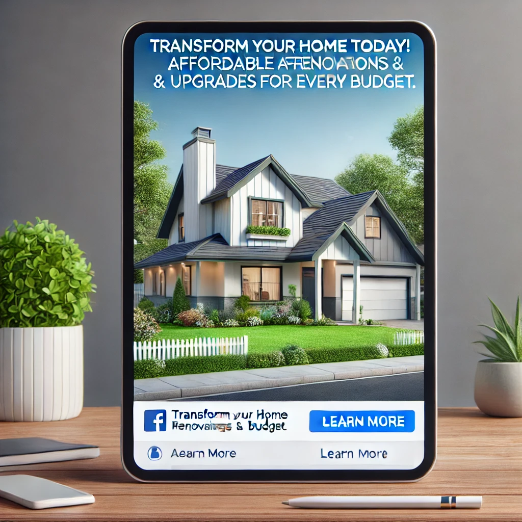 Professional Facebook ad targeting homeowners, showcasing a modern home with a message about affordable renovations.
