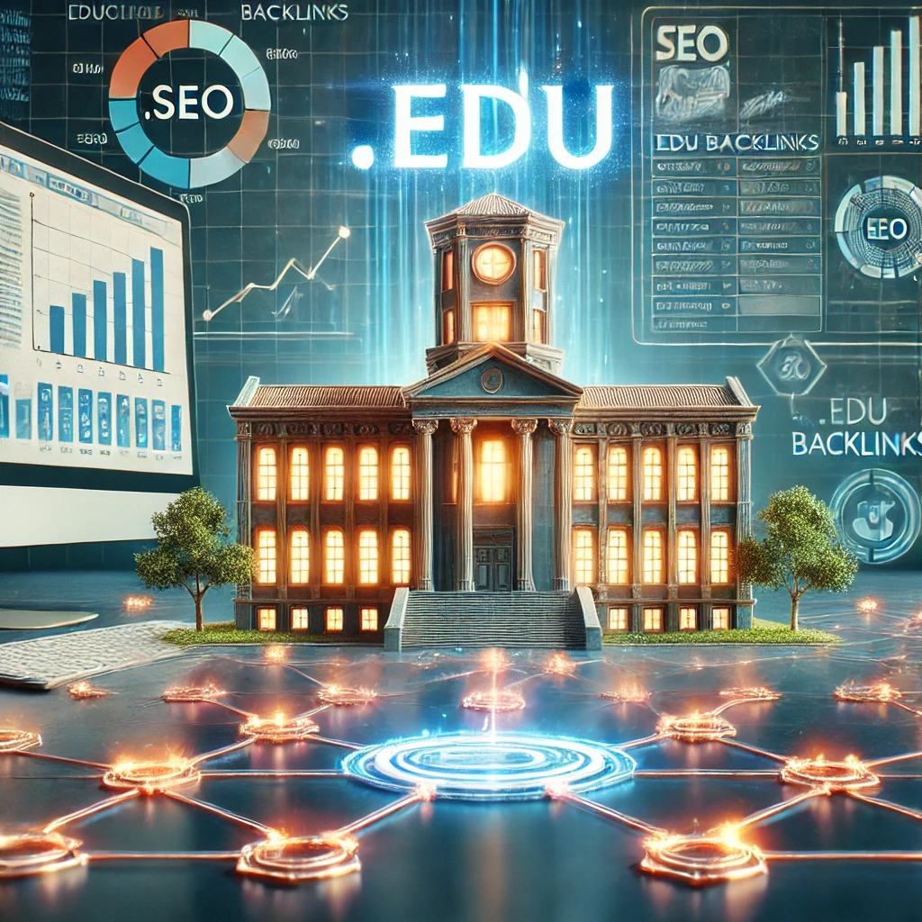 An illustration of a university building with a glowing .EDU sign, symbolizing authority and trust in EDU backlinks. In the foreground, a computer screen displays interconnected links leading to educational resources, representing the process of obtaining high-quality backlinks. The background includes SEO elements like graphs, ranking indicators, and web links, reinforcing the theme of search engine optimization.