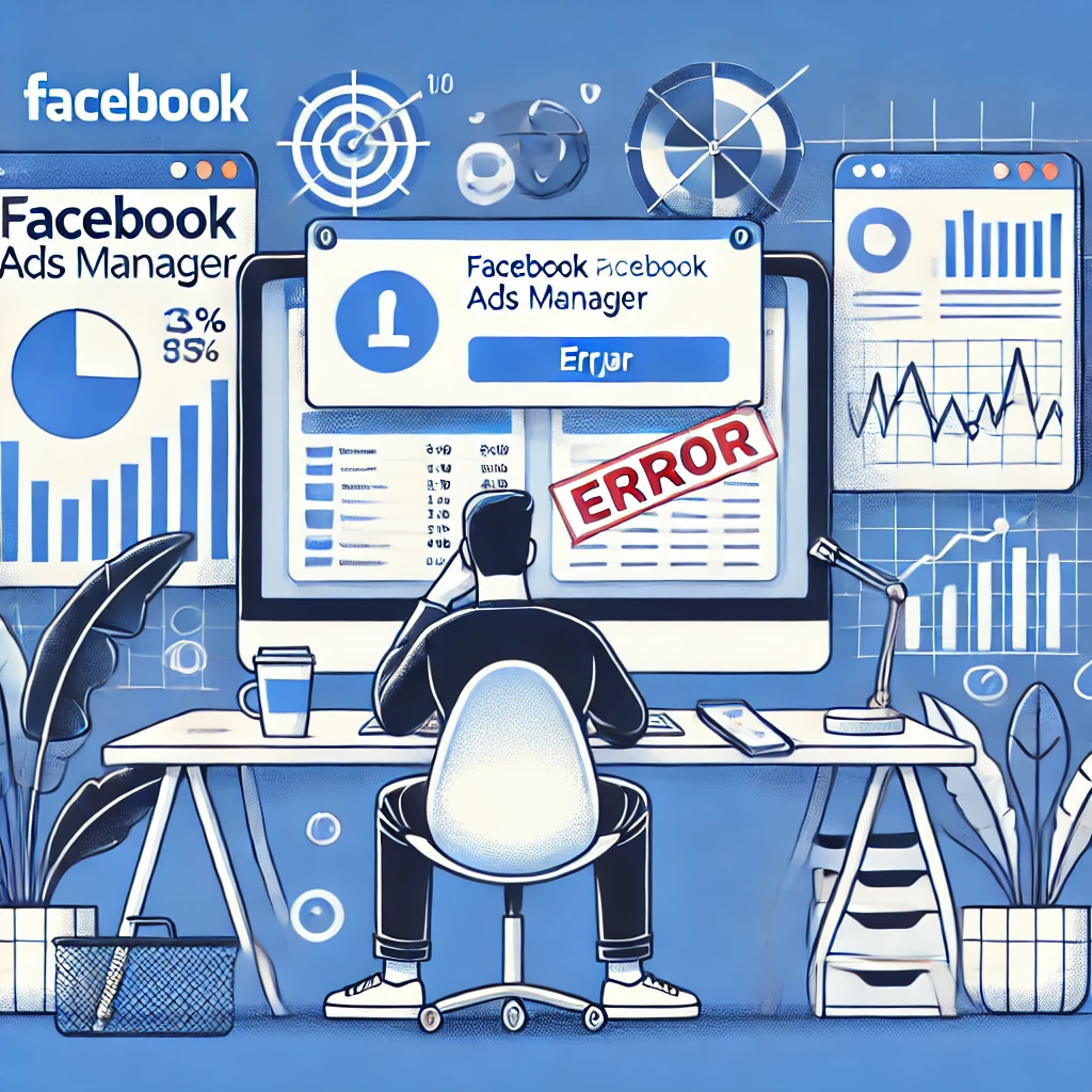 A frustrated marketer sitting at a desk, looking at a computer screen displaying a Facebook Ads Manager dashboard with an error message. The workspace includes a coffee cup, smartphone, and marketing charts in the background, with a blue and white color scheme reflecting Facebook’s branding.