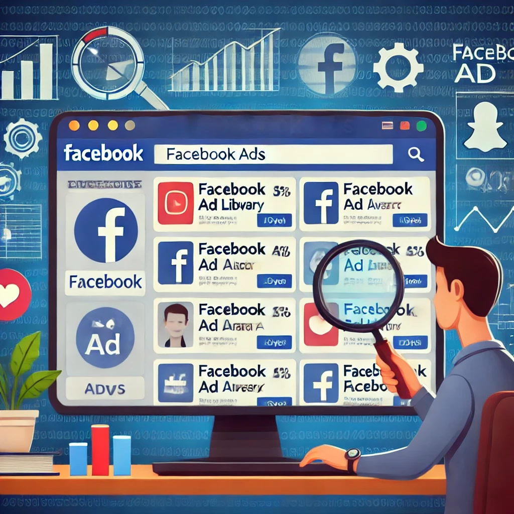 A person analyzing Facebook ads on a laptop screen using the Facebook Ad Library. The screen displays competitor ads, with marketing icons like graphs, magnifying glasses, and social media symbols in the background, symbolizing ad strategy and analysis.