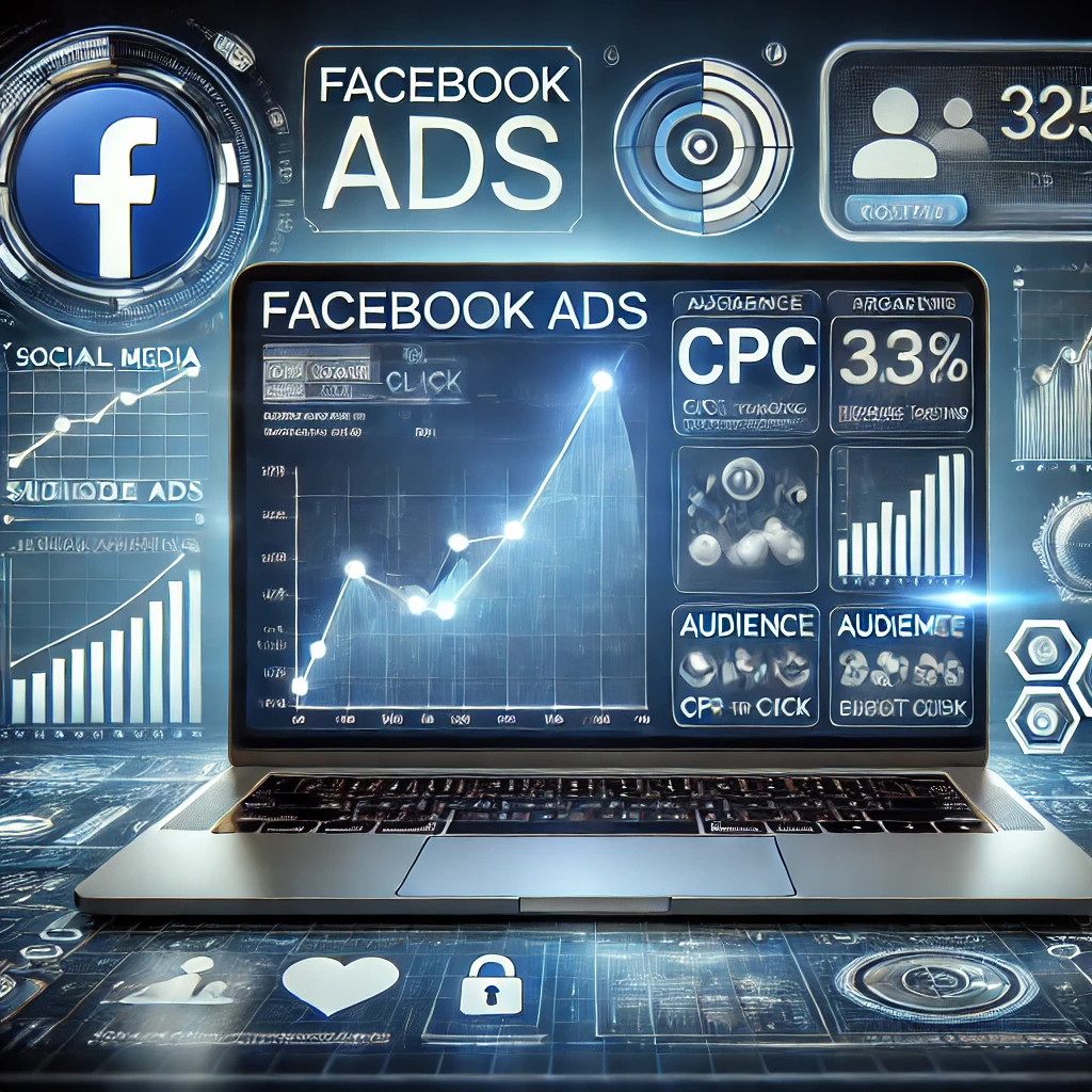 "A futuristic digital marketing concept image showcasing Facebook Ads analytics. A laptop screen displays a Facebook Ads dashboard with CPC (Cost-Per-Click) statistics, graphs, and engagement metrics. Surrounding the laptop are social media ad icons, audience targeting symbols, and cost optimization visuals. The background features a tech-inspired blue and white aesthetic, representing data-driven online advertising trends in 2025."