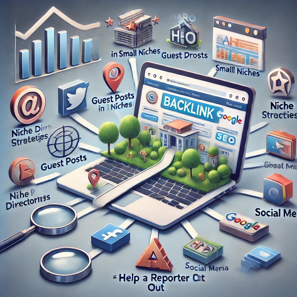 A digital illustration showcasing backlink-building strategies for small niches, featuring a laptop screen with arrows pointing to various backlink sources like niche directories, guest posts, HARO, social media, and industry collaborations. Icons of SEO tools such as Ahrefs and Google Search Console are also included, with a background of search engine ranking graphs.