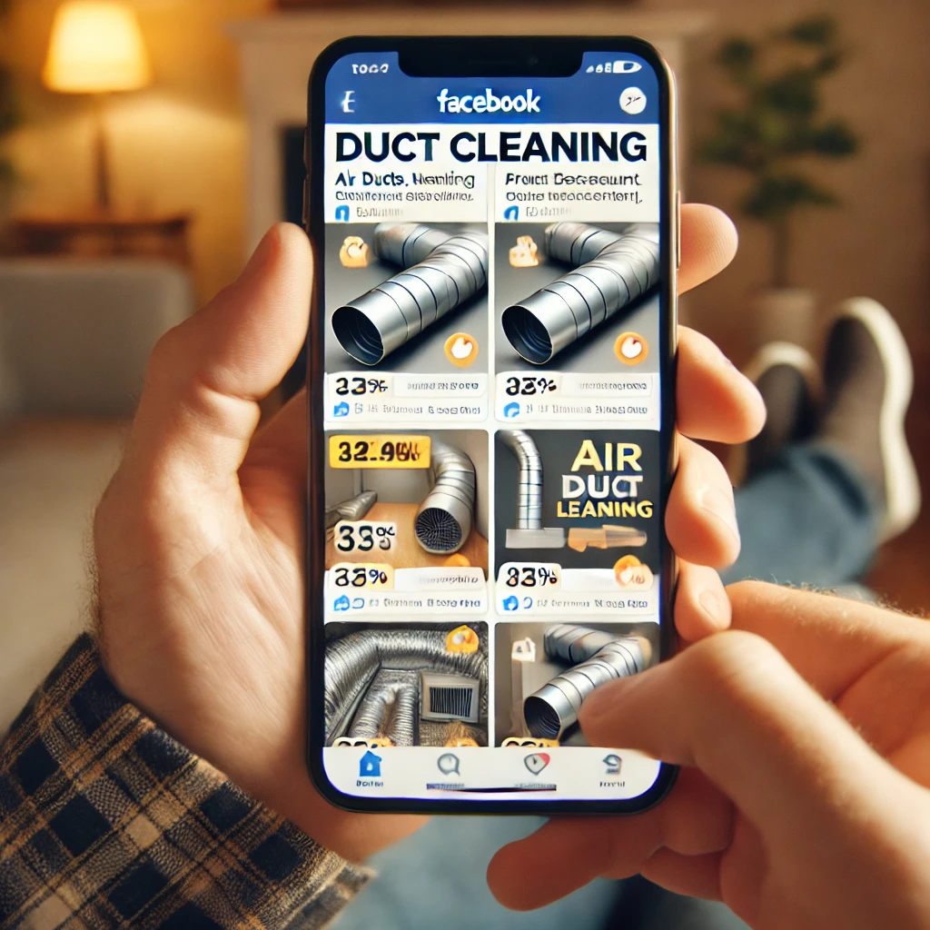 A person scrolling through Facebook on their smartphone, with multiple duct cleaning ads displayed on the screen. The ads showcase images of air ducts, cleaning equipment, and promotional discount offers. The background features a cozy living room with warm lighting.
