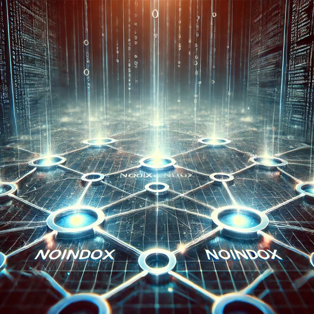"A conceptual illustration of SEO and backlinks, showing interconnected web pages with glowing links. Some pages are marked as 'noindex' with a faded effect, representing their hidden status in search results. The background features a futuristic digital landscape, symbolizing search engine optimization and link equity."
