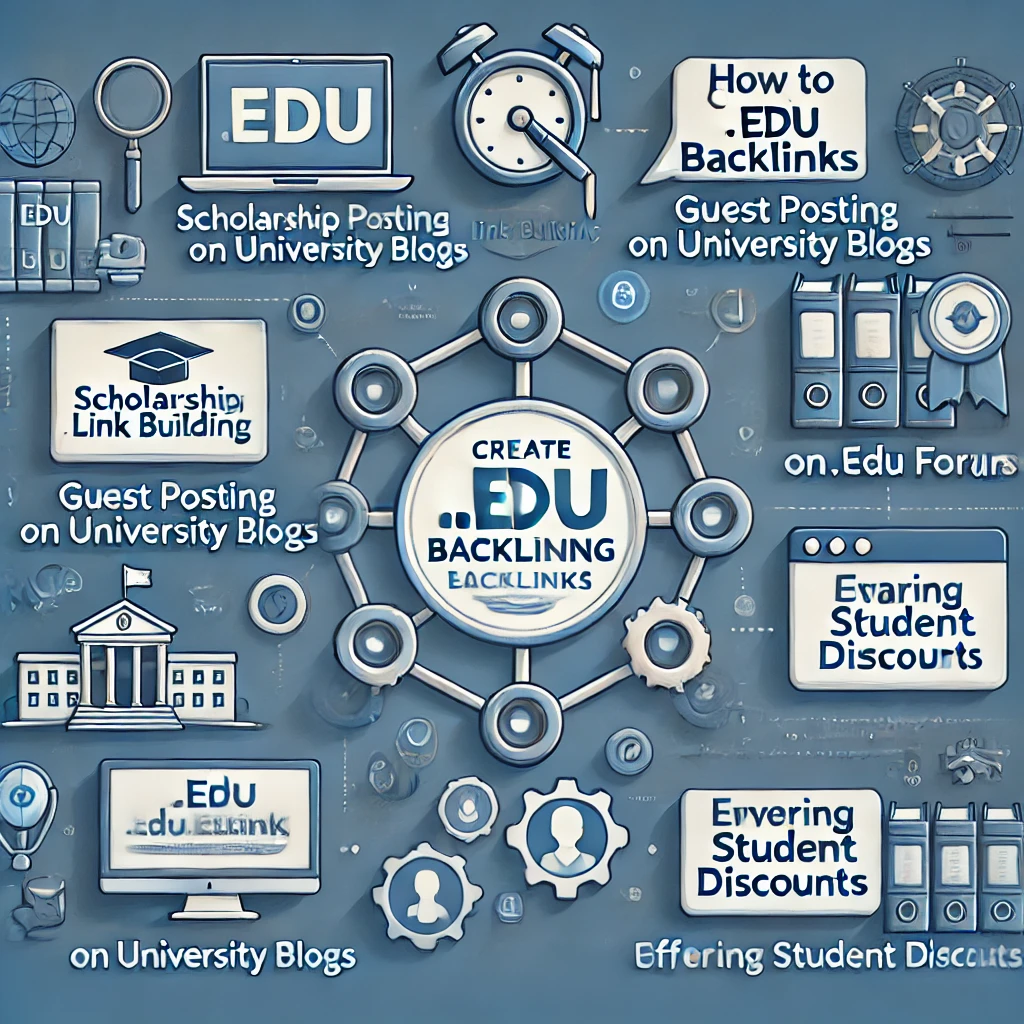 An infographic showcasing strategies for acquiring .EDU backlinks, including scholarship link building, guest posting on university blogs, participating in .EDU forums, offering student discounts, and collaborating with university events. The design features a professional, education-themed color scheme with icons representing each strategy.