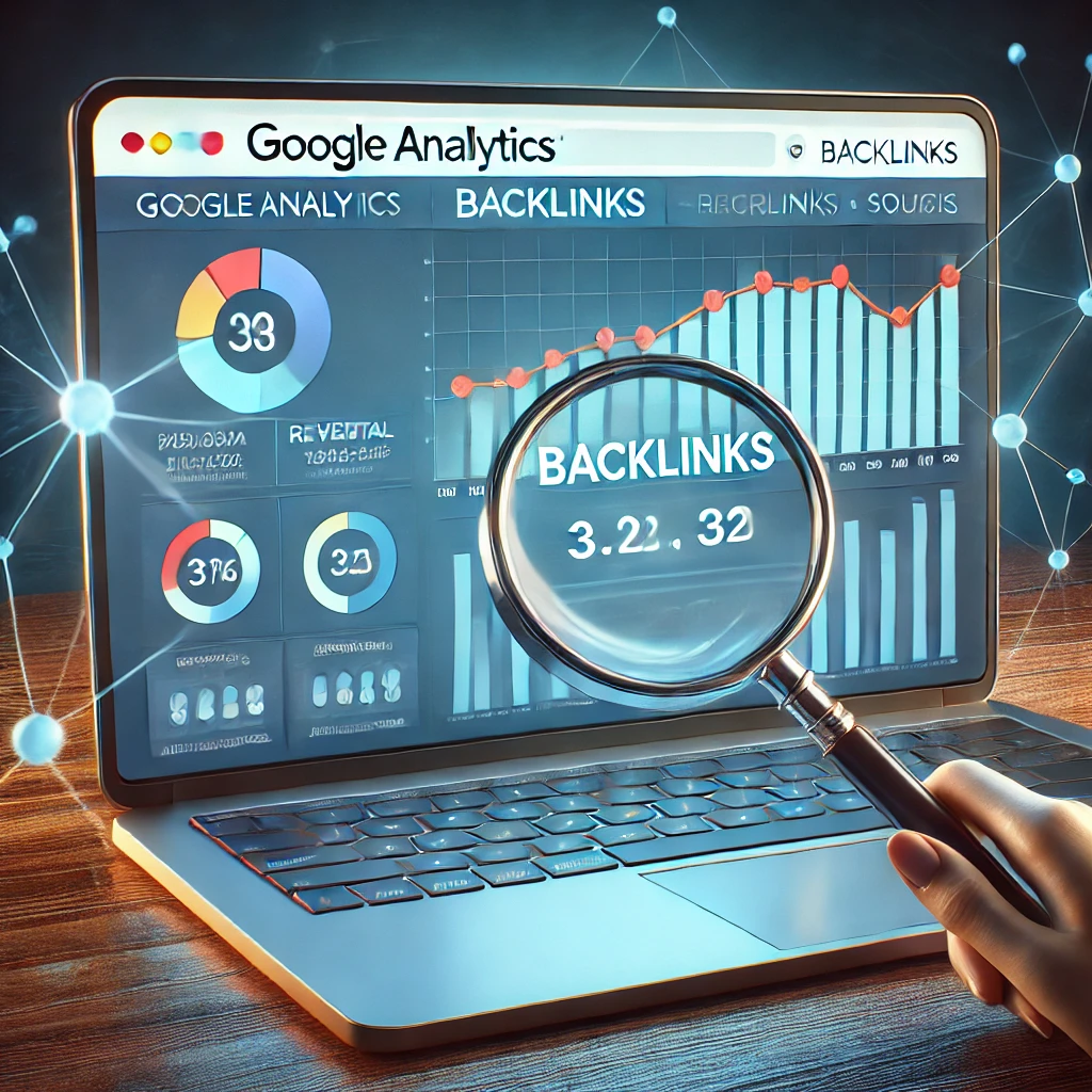 A digital illustration of a laptop screen displaying Google Analytics with backlink data. The screen features graphs, charts, and referral traffic sources, with a magnifying glass highlighting the backlinks section. The background includes a web-like network symbolizing website connections and SEO analysis.