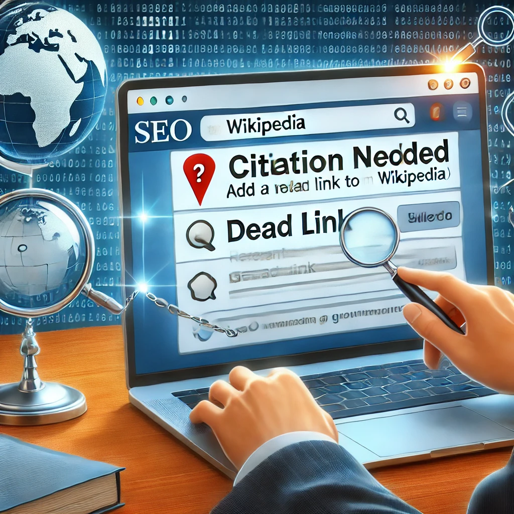 A digital illustration showing the process of obtaining a backlink from Wikipedia. A laptop screen displays a Wikipedia page with highlighted "citation needed" and "dead link" tags, while a person adds a relevant source link. The background features SEO-related icons such as a magnifying glass, a search engine graph, and a globe, symbolizing global authority. The design is clean and modern.