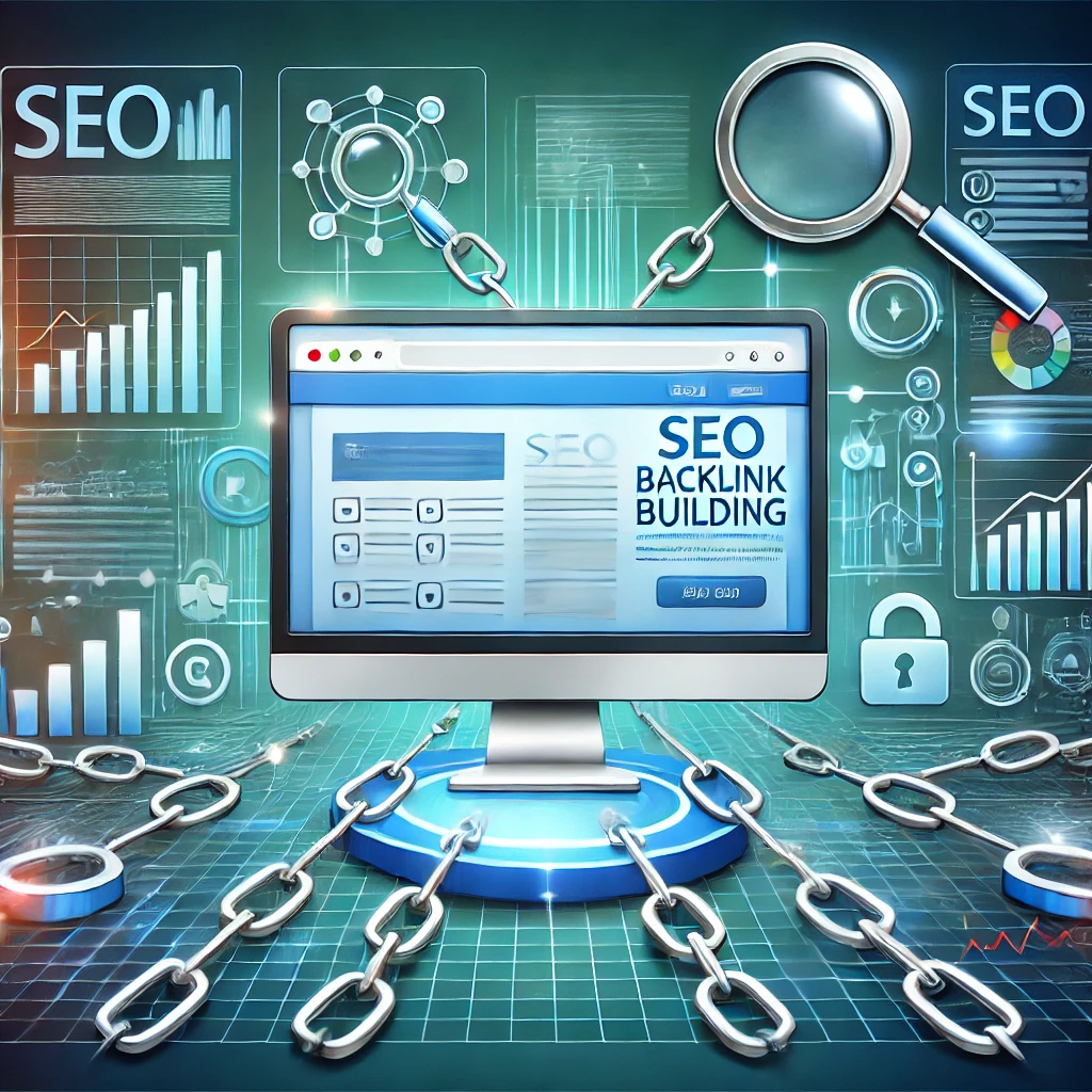 A digital illustration depicting SEO backlink building, showing a website with multiple incoming links from different sources, surrounded by SEO-related icons such as graphs, a magnifying glass, and ranking bars in a modern blue and green color scheme.