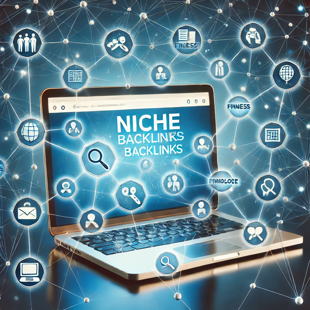 A digital illustration showing a laptop screen with interconnected links leading to various niche-related websites, symbolized by industry-specific icons. The background features a network of lines and nodes, emphasizing connectivity and authority.