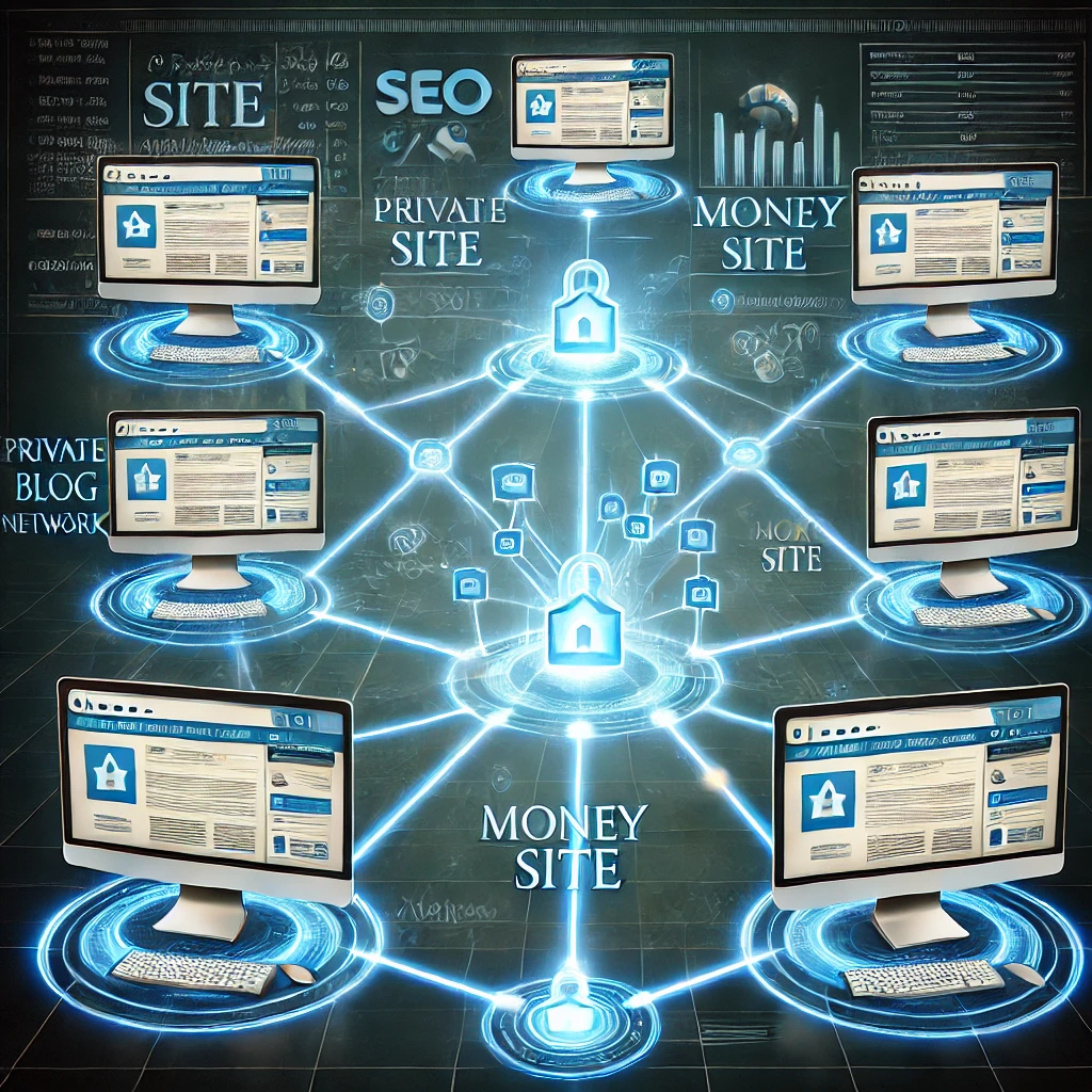 A digital illustration of a Private Blog Network (PBN) showing interconnected websites linking to a central "money site." The image includes multiple computer screens with website pages connected by glowing lines representing backlinks. The background features SEO elements like graphs and ranking indicators in a professional blue and white color scheme.