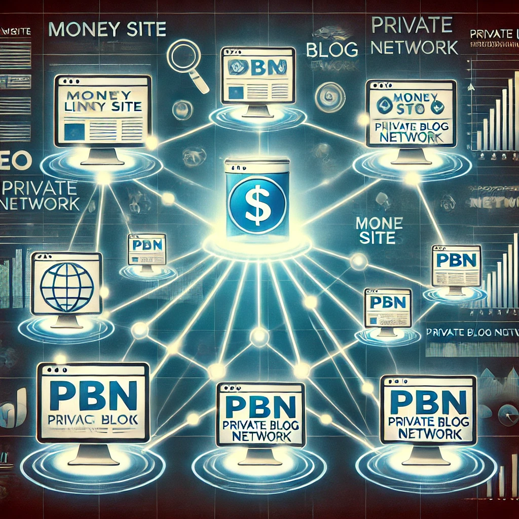 An illustration of Private Blog Network (PBN) link building, showing a central money site connected to multiple smaller PBN websites through dotted lines representing backlinks. The PBN sites have unique designs, and the background features a digital SEO theme with graphs, analytics, and ranking indicators.