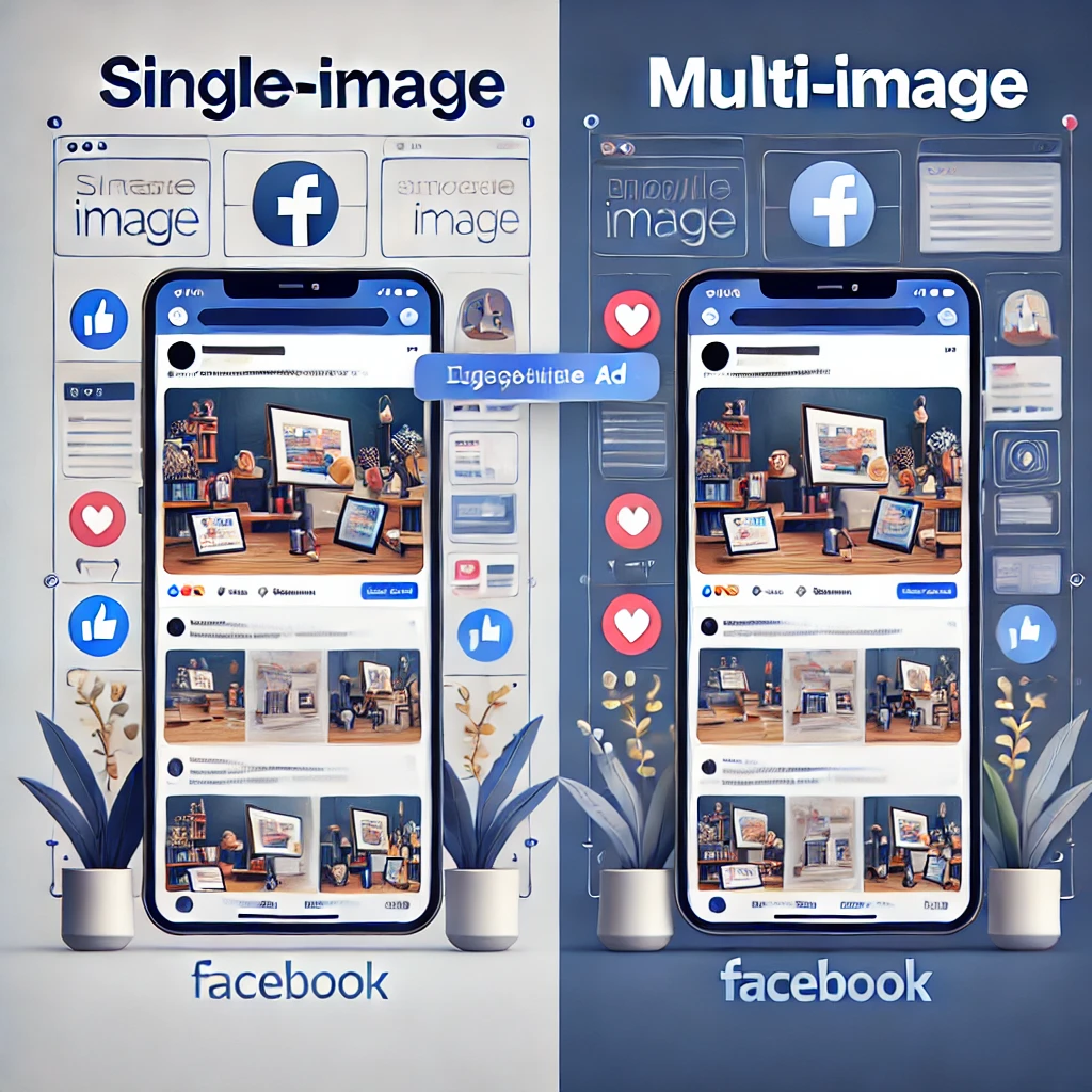 A digital illustration comparing single-image and multi-image Facebook ads, showcasing engagement metrics and user interaction differences.