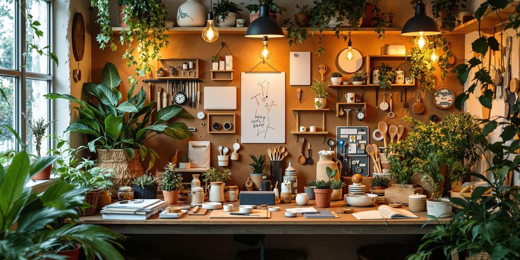 Creative workspace with handmade crafts and eco-friendly materials.