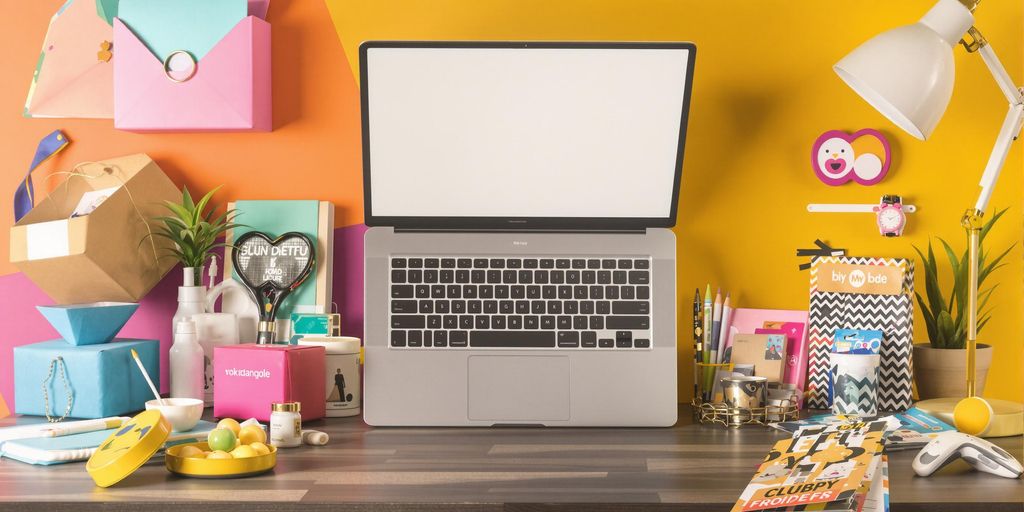 Laptop and stylish packaging in a modern workspace.