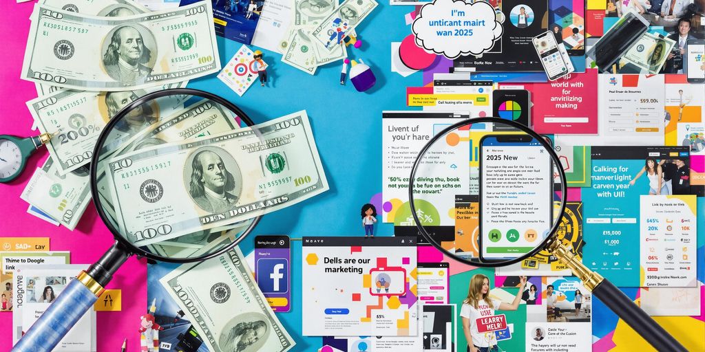 Collage of dollar bills and digital ads for marketing.